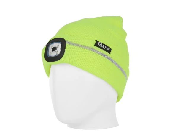 BONNET JAUNE AVEC LAMPE LED RECHARGEABLE BANDE REFLECHISSANTE G90406 GEKO POLOGNE