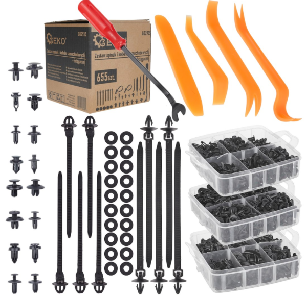 KIT DE CLIPS DE FIXATION MIXTE CARROSSERIE 655 PIECES + OUTILS G02935 GEKO POLOGNE